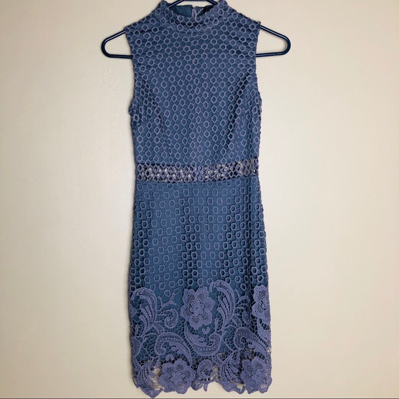 Missguided Dresses & Skirts - Missguided high neck blue steel embroidered lace
